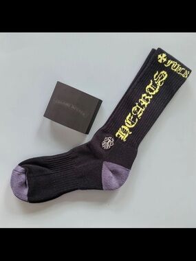 Chrome Hearts Black Crew Socks with Purple Accents and Yellow Logo